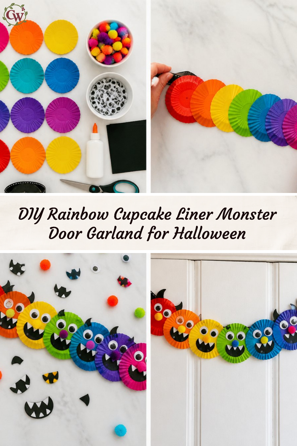 DIY Rainbow Cupcake Liner Monster Door Garland for Halloween