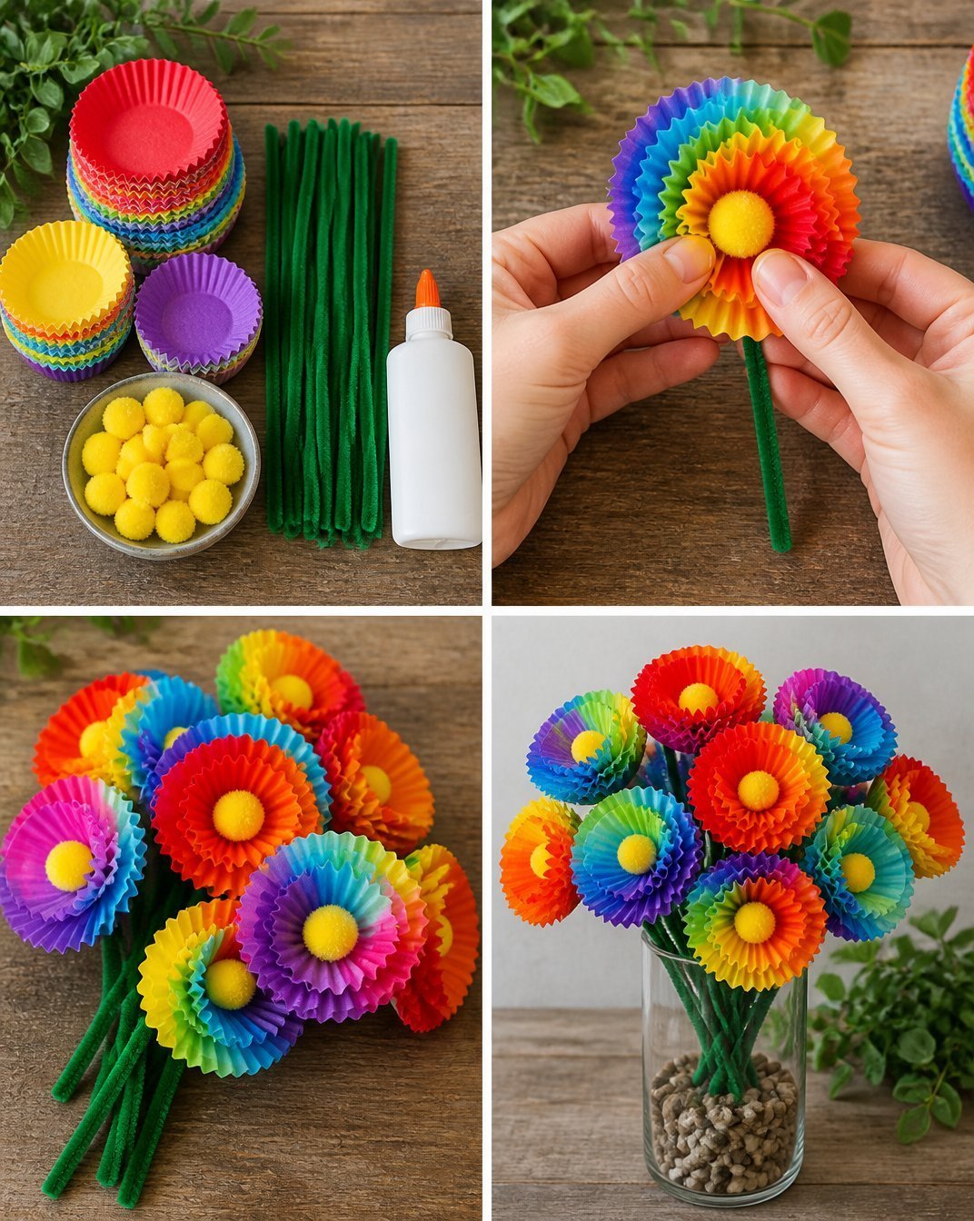 DIY Rainbow Cupcake Liner Tropical Flower Bouquet