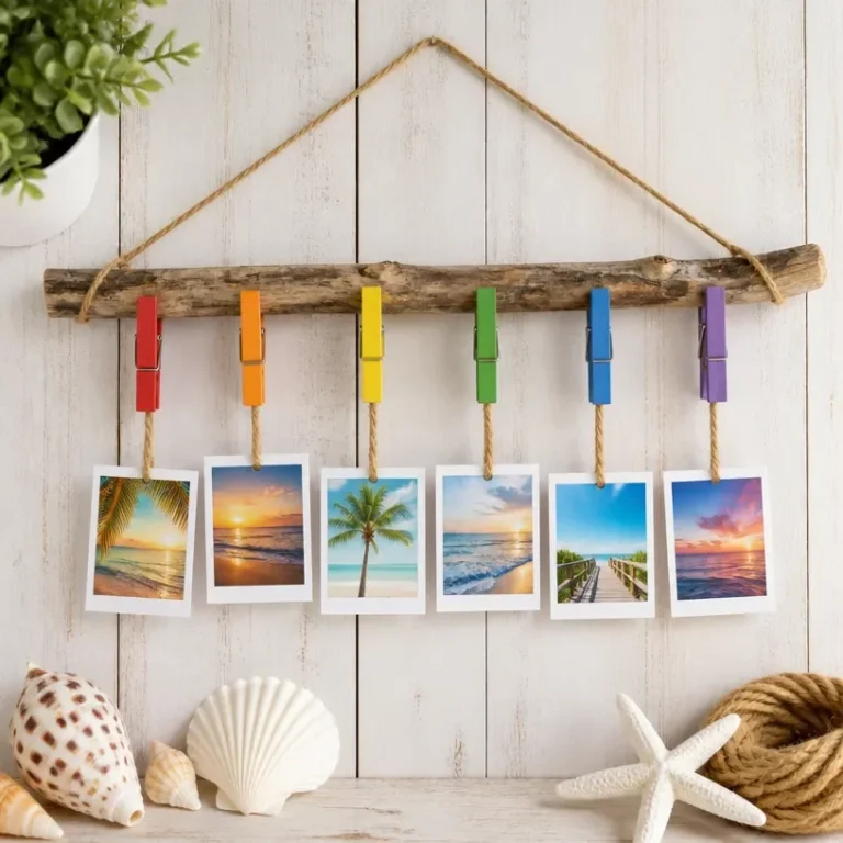 Colorful DIY rainbow driftwood photo display with summer-themed pictures