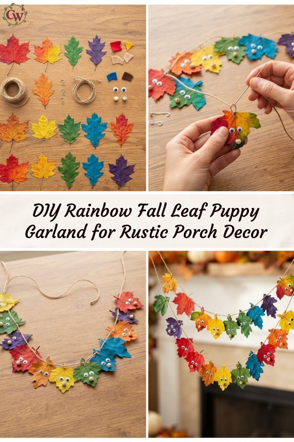 DIY Rainbow Fall Leaf Puppy Garland for Rustic Porch Decor
