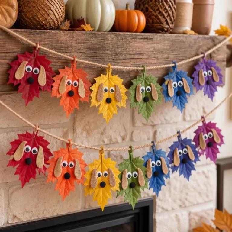 DIY rainbow fall leaf garland for rustic porch decor
