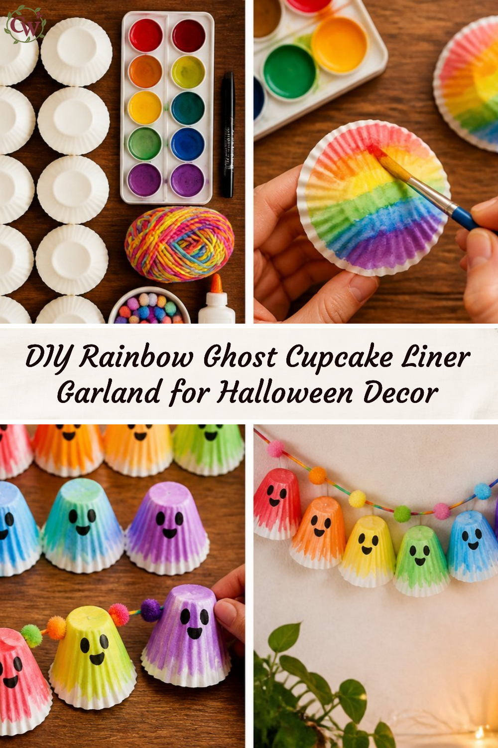 DIY Rainbow Ghost Cupcake Liner Garland for Halloween Decor