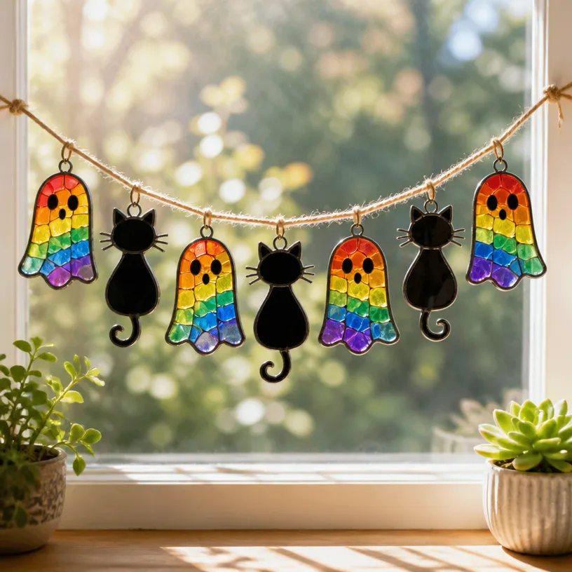 Rainbow Ghost and Kitten Suncatcher Garland for Window Decor