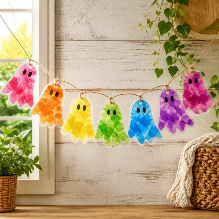DIY Rainbow Ghost Suncatcher garland hanging in a bright window