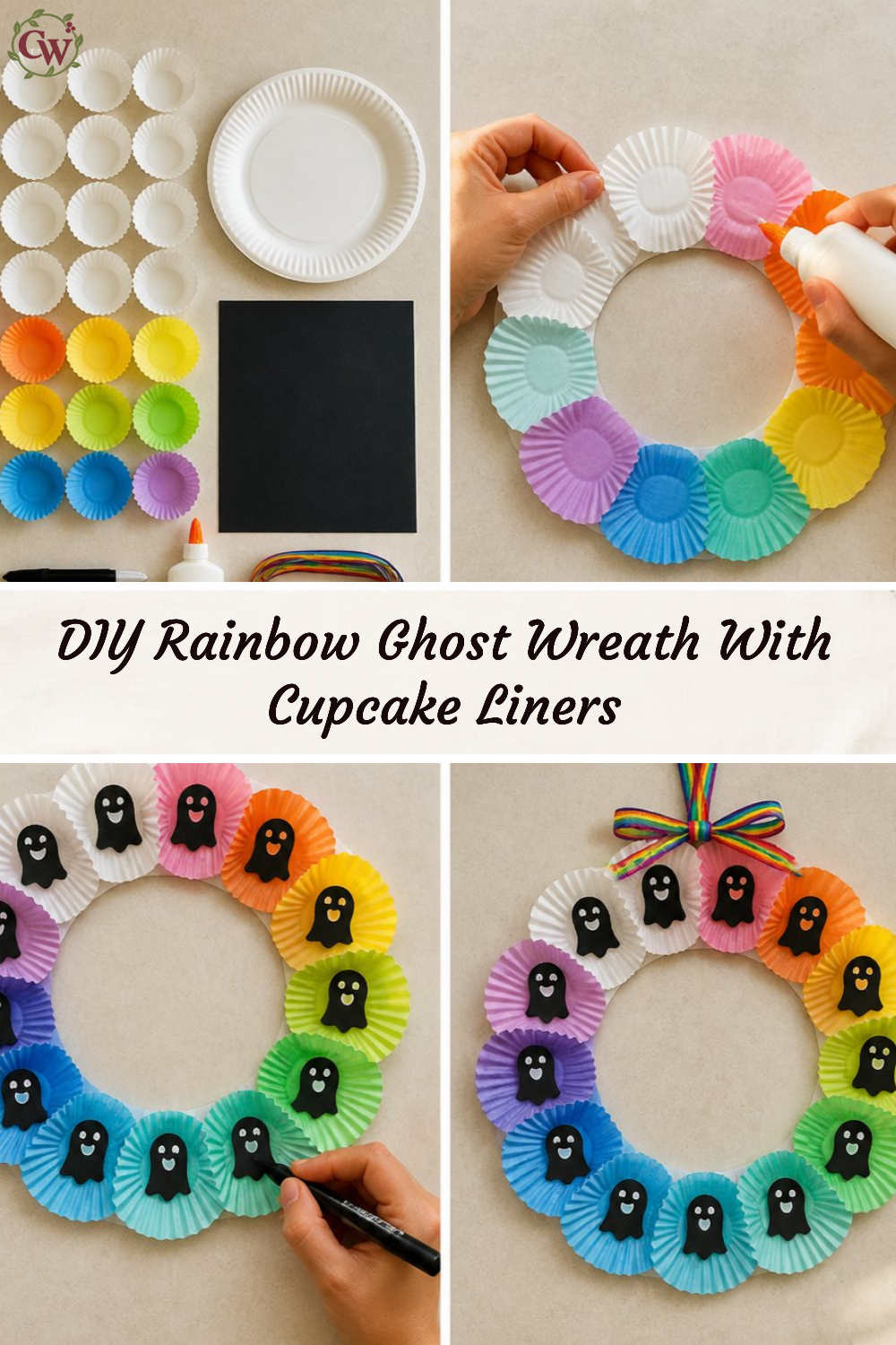 DIY Rainbow Ghost Wreath With Cupcake Liners