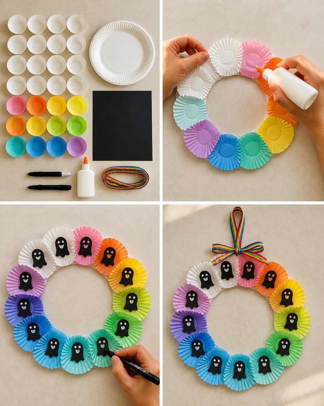 DIY Rainbow Ghost Wreath Made with Cupcake Liners