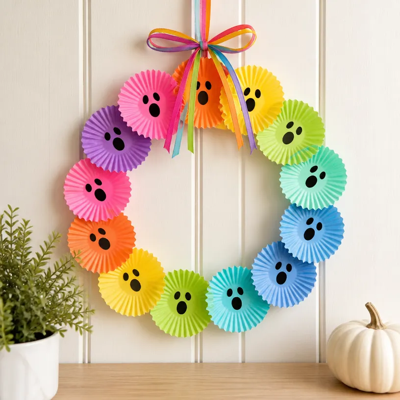 DIY Rainbow Ghost Wreath Made with Cupcake Liners