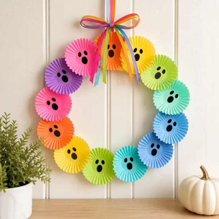 Colorful DIY rainbow ghost wreath made with cupcake liners for Halloween decoration.