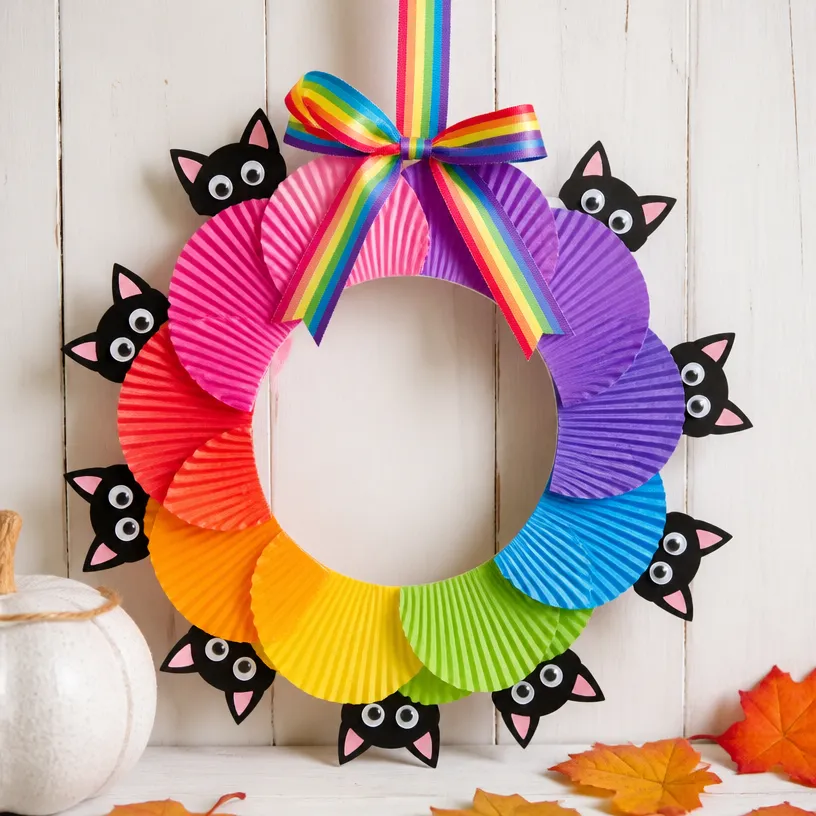 Rainbow Kitten Cupcake-Liner Wreath for Halloween Kids Craft