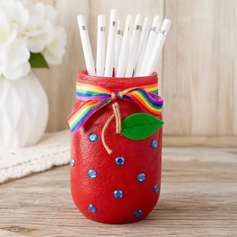 DIY rainbow Mason Jar holder for Apple Pencils designed for teachers