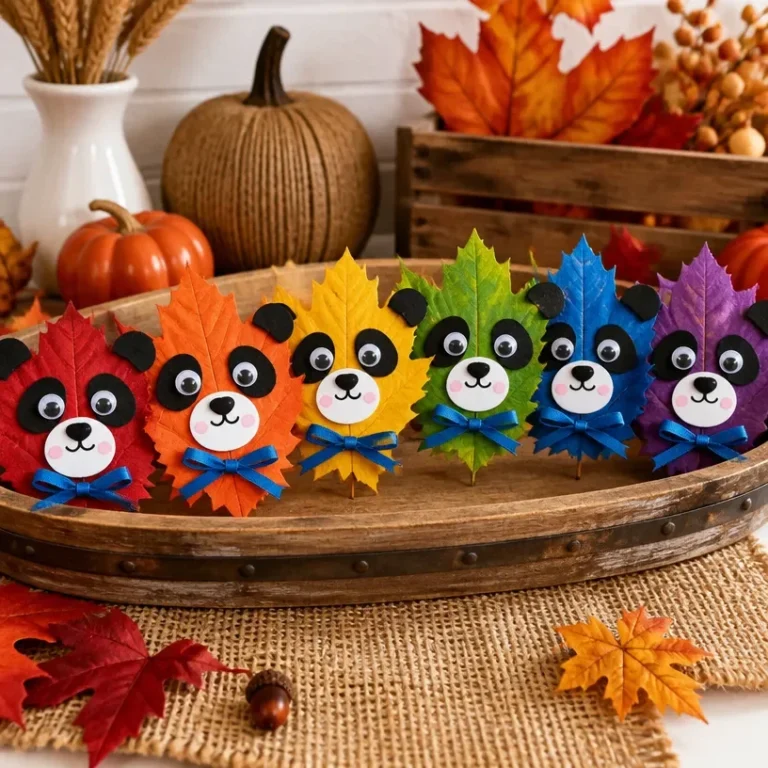 Colorful DIY Rainbow Panda craft made with fall leaves for kids