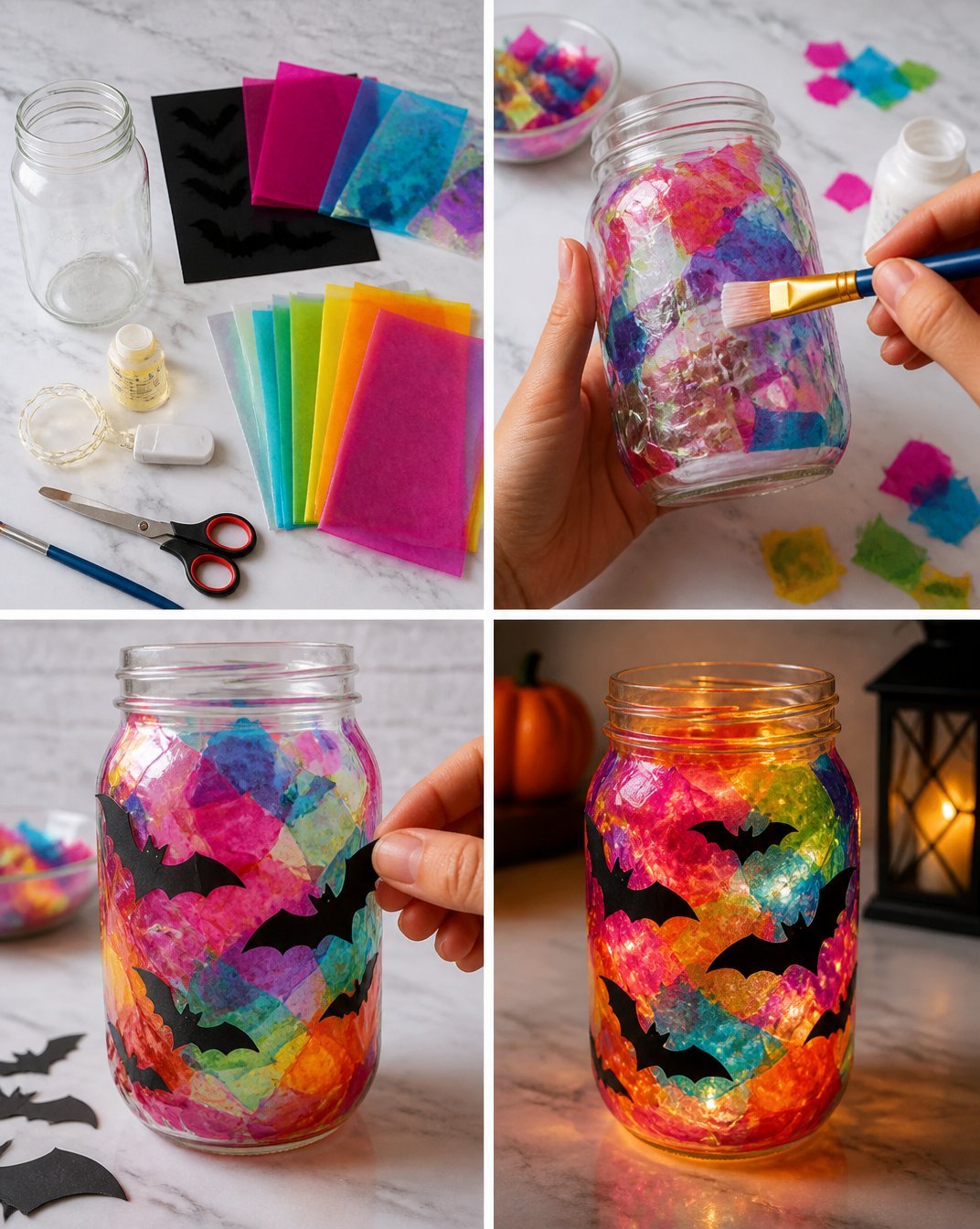 DIY Rainbow Stained Glass Mason Jar Bat Lantern