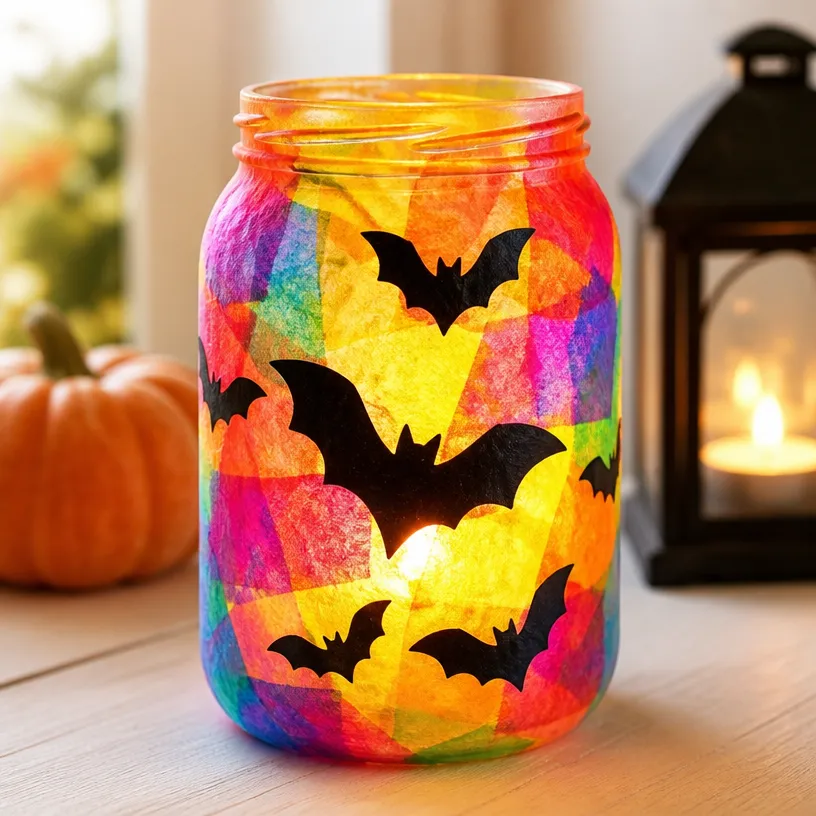 DIY Rainbow Stained Glass Mason Jar Bat Lantern