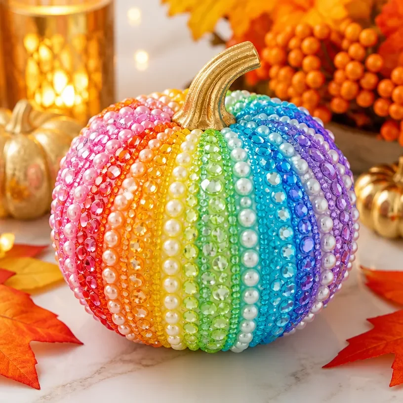 Colorful DIY sparkly rainbow pumpkin decor for fall and Halloween celebrations.