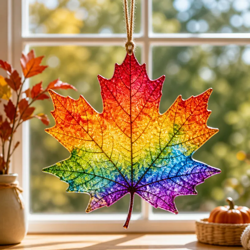 Stained Glass Rainbow Window Decor with Autumn Leaves