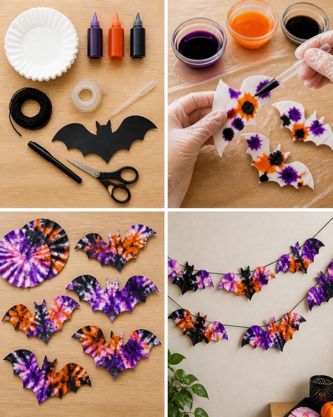 DIY Tie-Dye Bat Garland Using Coffee Filters for Halloween Decor