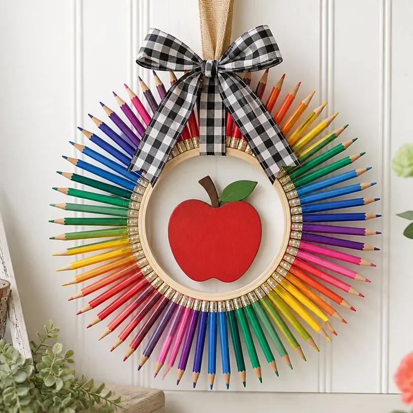 DIY vintage rainbow pencil wreath displayed on a front door