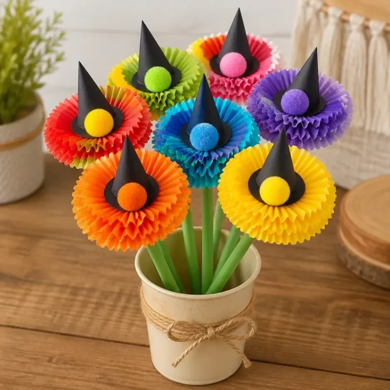DIY witch hat flowers made from colorful cupcake liners.