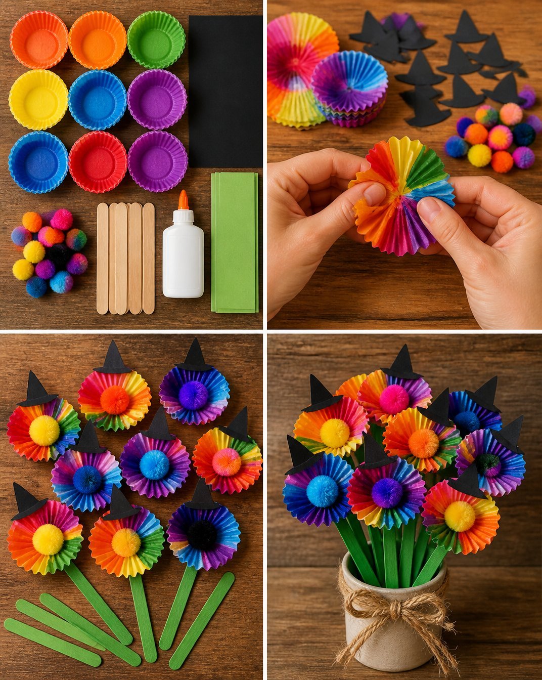DIY Colorful Cupcake-Liner Witch Hat Flowers