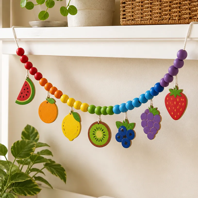 DIY Wooden Bead Rainbow Garland for Fruit-Inspired Decor