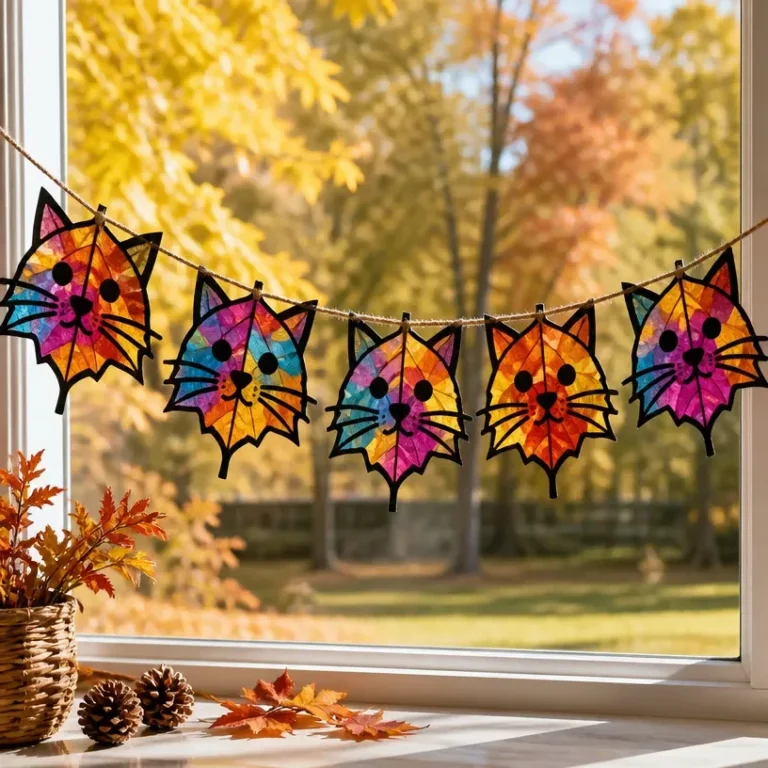DIY Fall Leaf Suncatcher garland created by kids with colorful autumn leaves