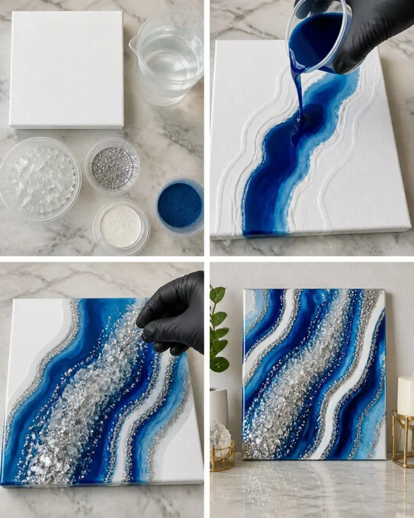 DIY faux crystal geode wall art created with resin