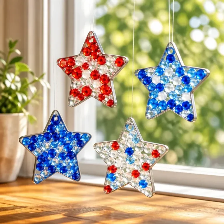 DIY glass bead suncatcher hanging in a sunlit window