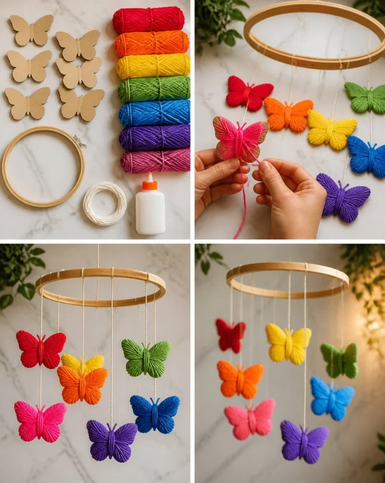 DIY rainbow yarn wrapped butterfly mobile for nursery decor