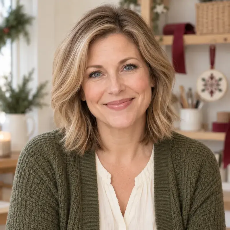 Elizabeth Carter smiling in an olive cardigan, with holiday greenery, ribbon and a snowflake ornament on the shelves behind her.