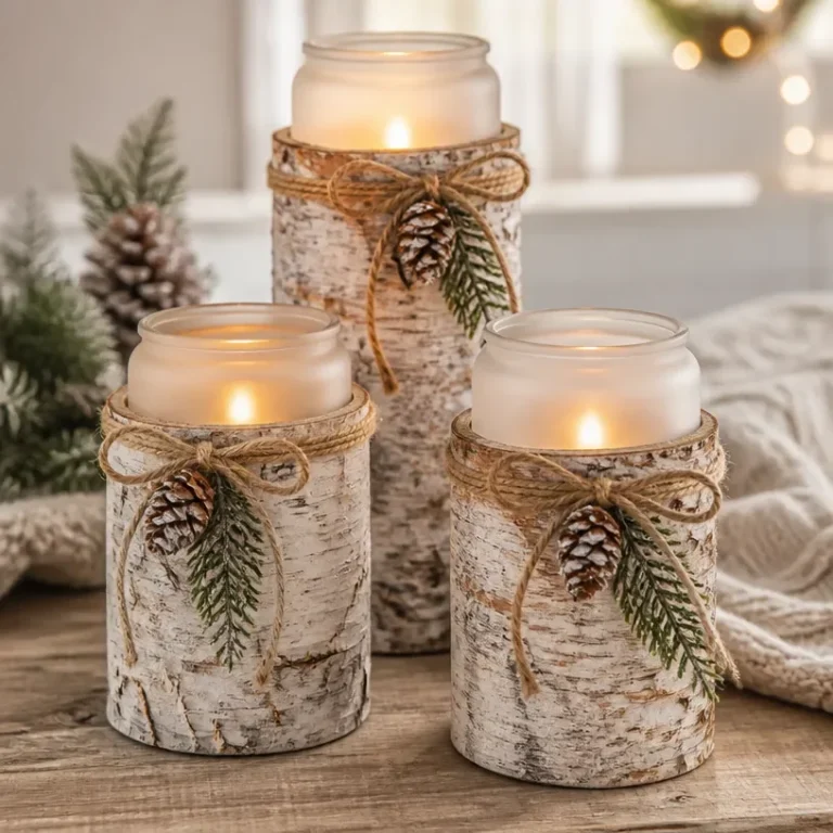 Rustic frosted birch lantern for cozy log lighting decor