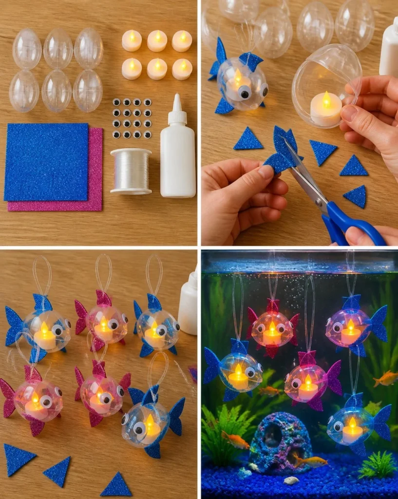 Colorful glowing fish lanterns lighting up a dark room