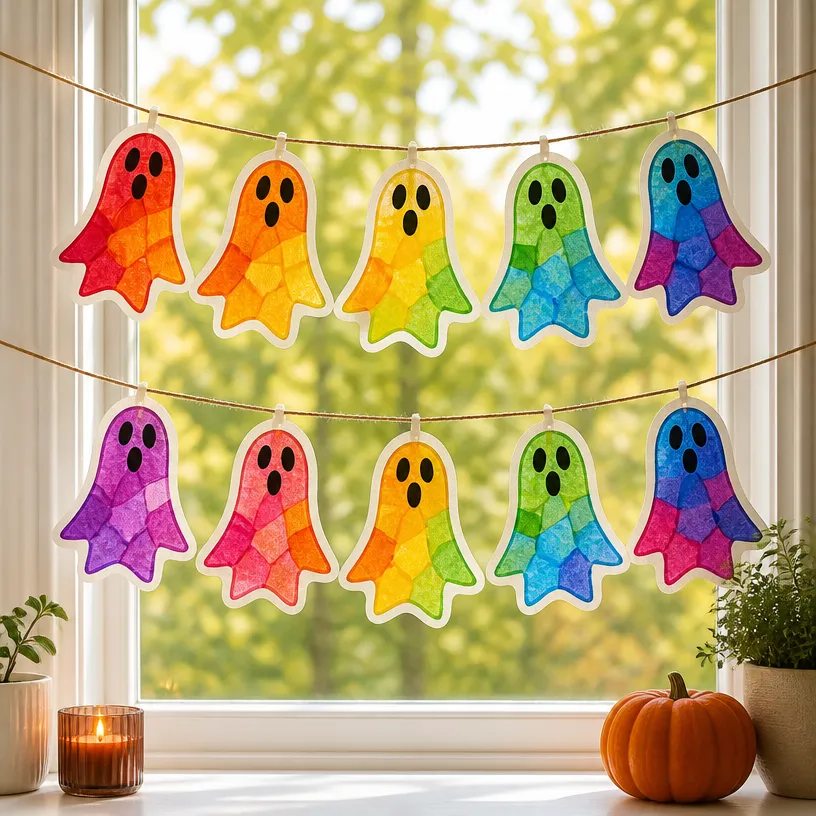 Colorful Rainbow Ghost Window Garland with Stained-Glass Design