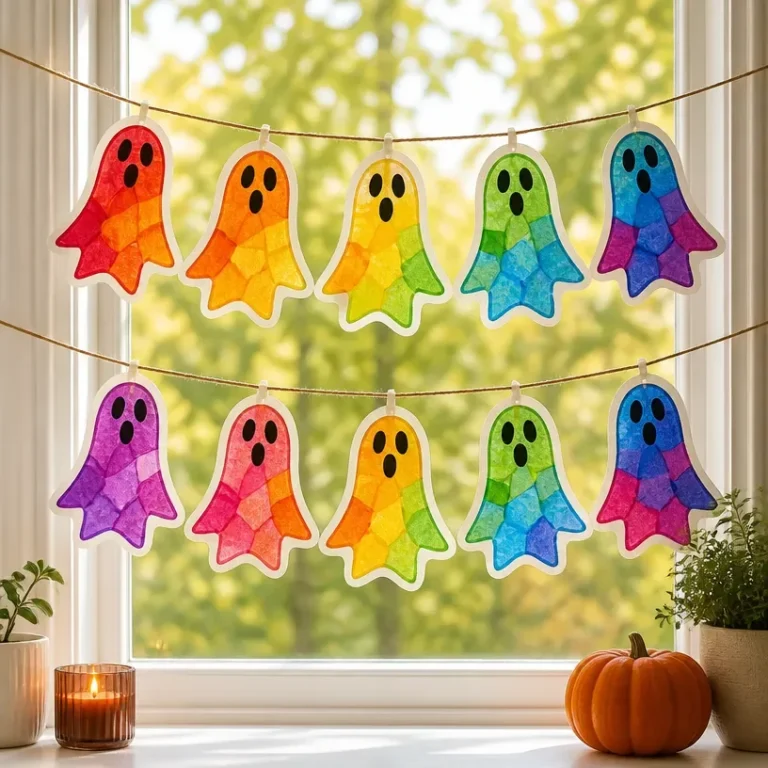 DIY Halloween garland featuring rainbow ghosts in stained glass design.