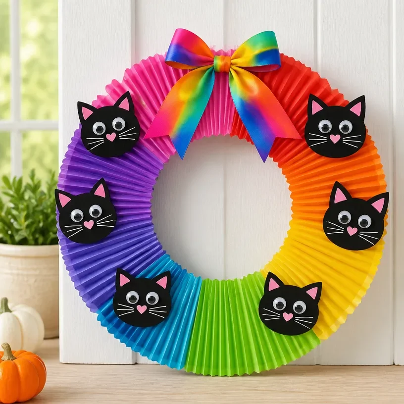 Colorful Rainbow Cupcake-Liner Wreath Halloween craft for kids