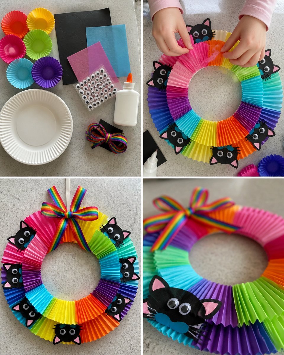 Halloween Kids Craft: Rainbow Cupcake-Liner Wreath