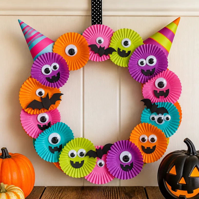 DIY Rainbow Cupcake Liners Halloween Monster Wreath