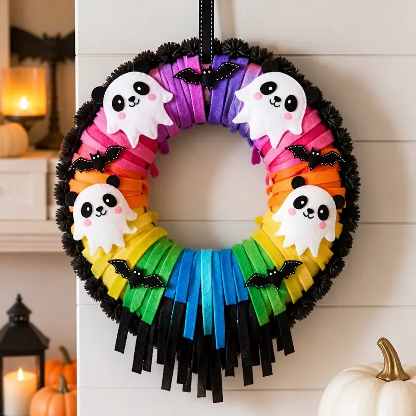 Halloween Rainbow Panda Ghost Wreath - spooky and cute decor for autumn