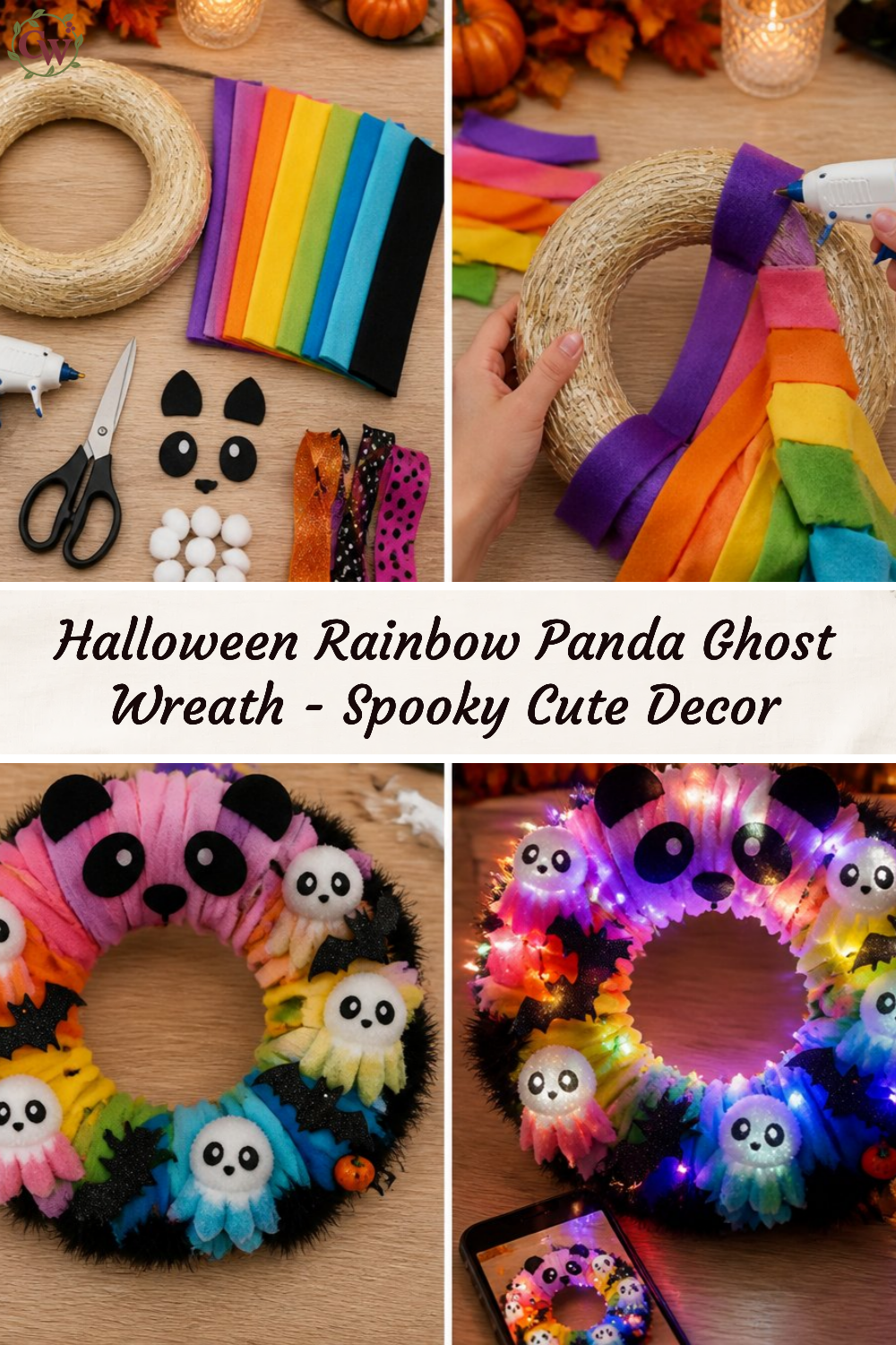 Halloween Rainbow Panda Ghost Wreath - Spooky Cute Decor