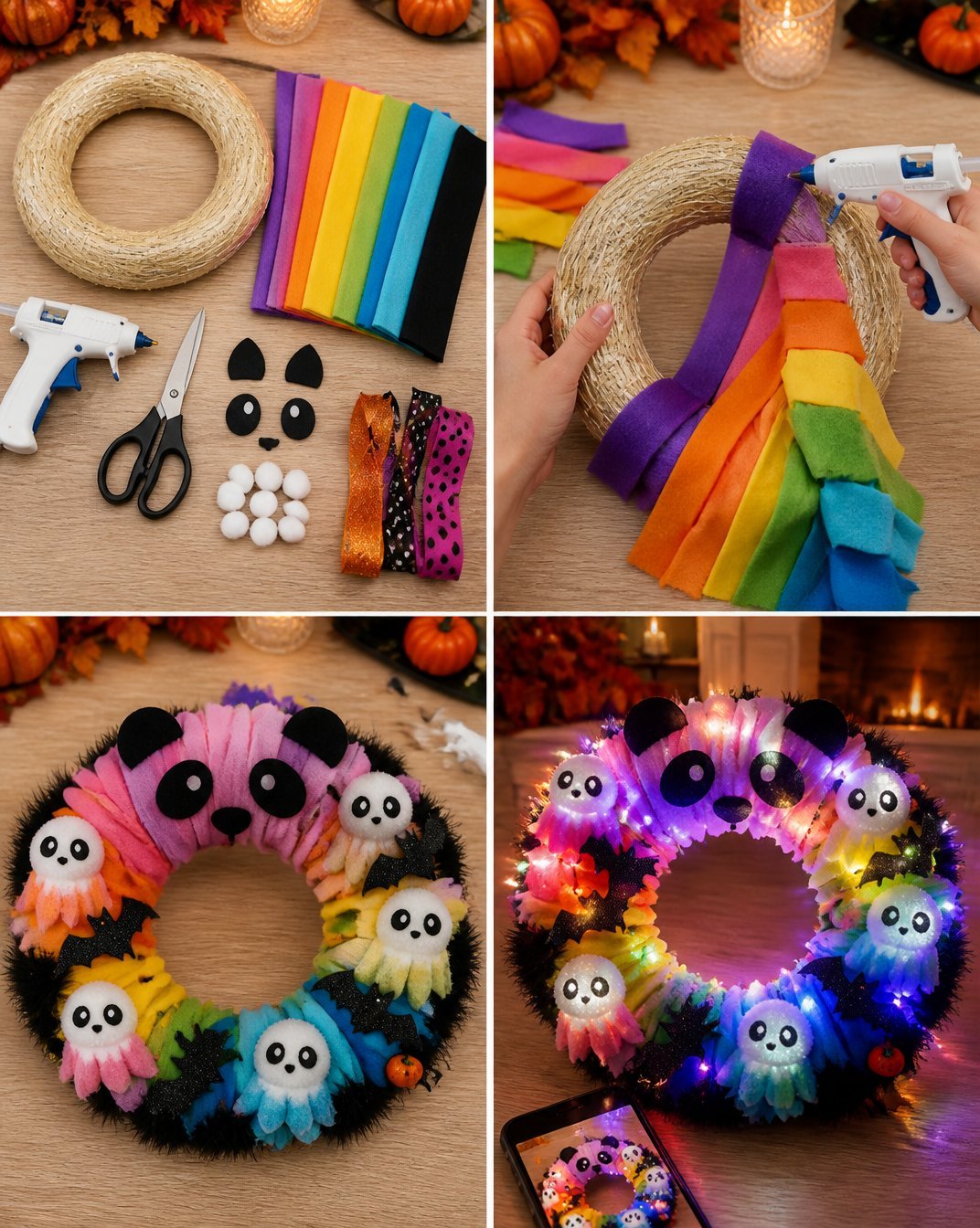 Halloween Rainbow Panda Ghost Wreath - Spooky Cute Decor