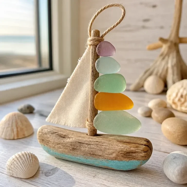Handmade sailboat ornament made with sea glass and driftwood.