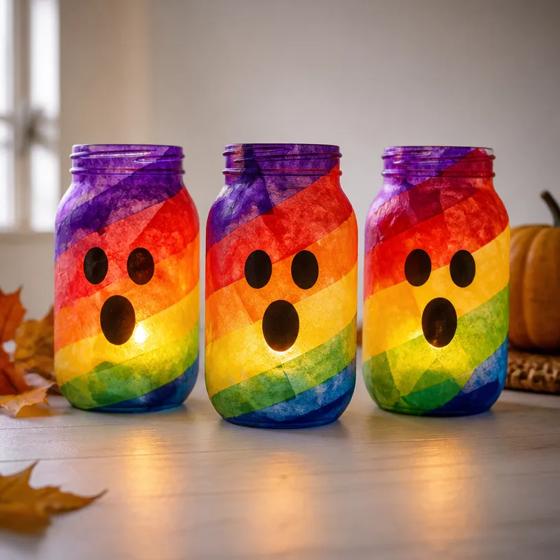 Luminous Rainbow Lanterns With Ghost Theme For Halloween