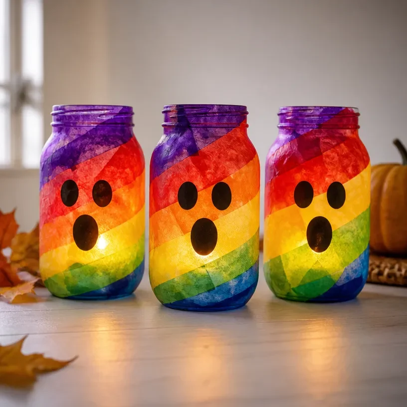 Luminous rainbow ghost themed lanterns for Halloween decoration.