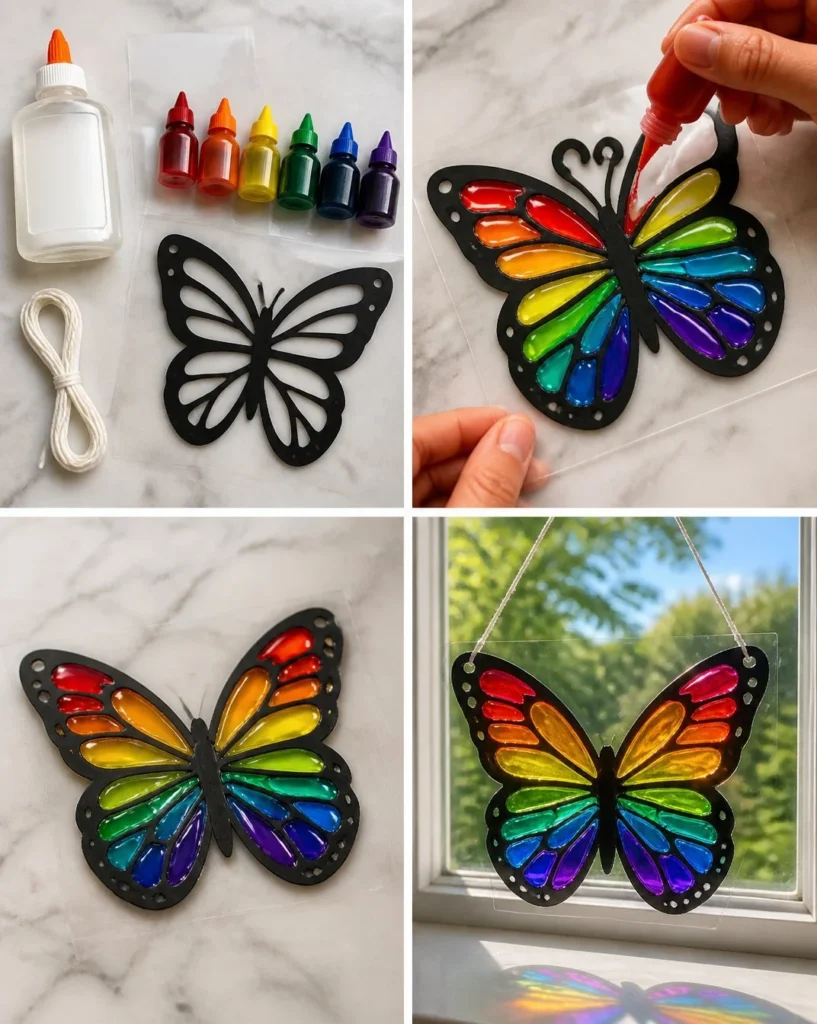 Colorful layered rainbow glue butterfly suncatcher art for home decor