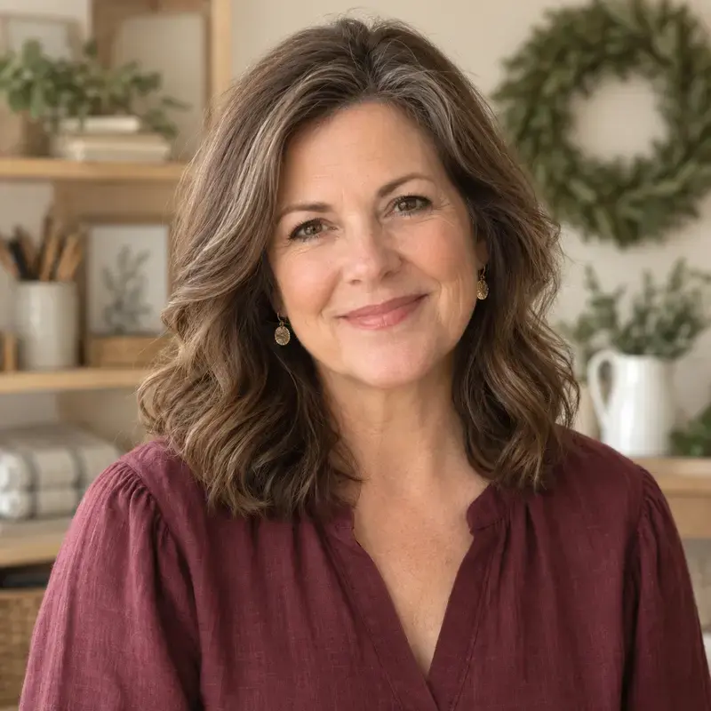 Maggie Lawson smiling in a craft room, wearing a burgundy blouse, with a eucalyptus wreath and shelves of supplies behind her.