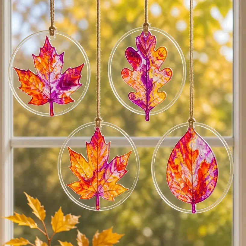 DIY marbled rainbow fall leaf suncatchers in vibrant colors