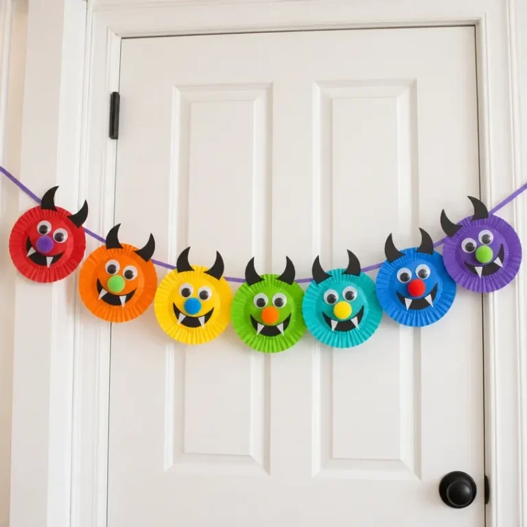 DIY party decor featuring Monster Door Garland and Rainbow Cupcake Liners.