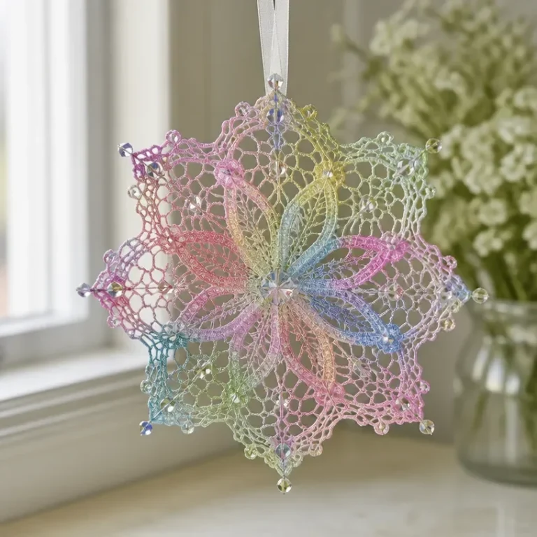 Opalescent lace ornament with sparkling crystal accents for elegant decor.