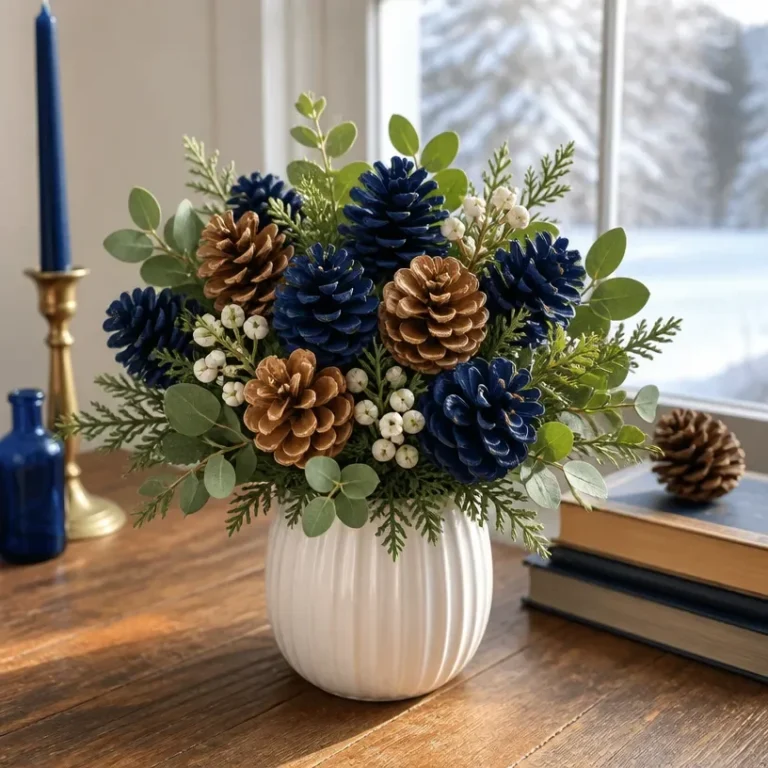 Cozy fall decor featuring beautiful pinecone centerpiece arrangement