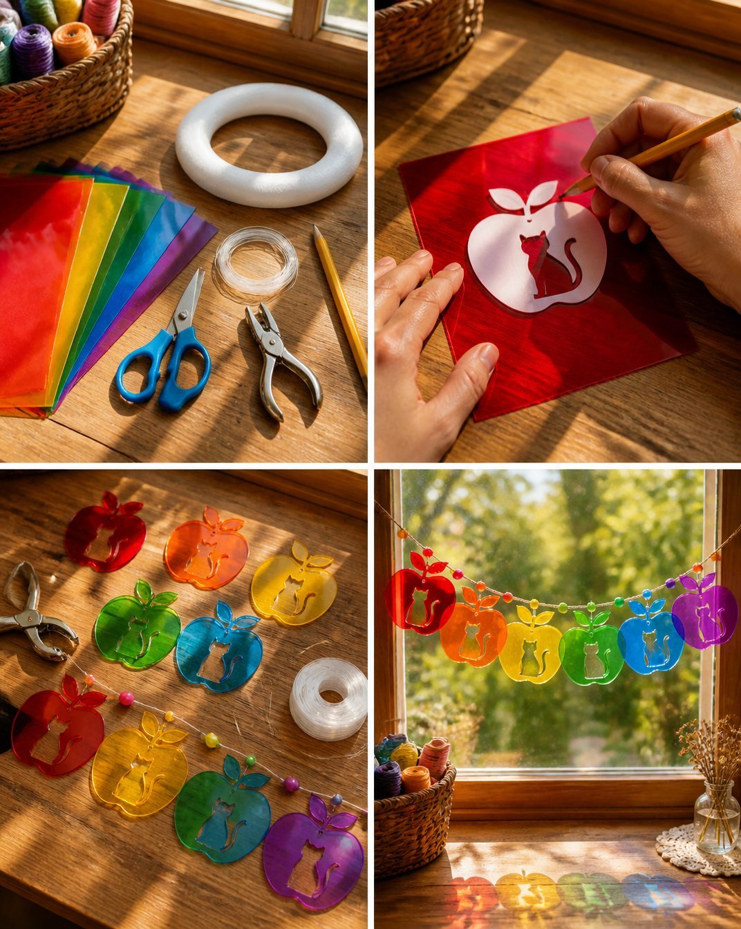Colorful Kitten-Themed Rainbow Apple Suncatcher Garland
