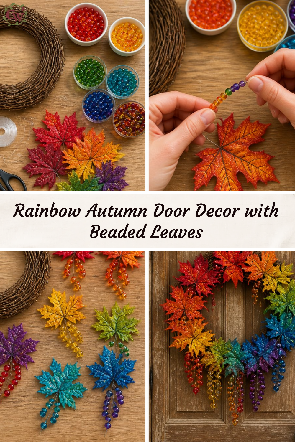 Rainbow Autumn Door Decor with Beaded Leaves